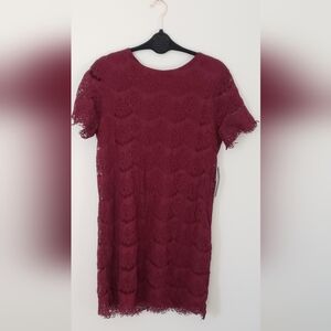 Burgundy Lace Detail Short Sleeve Dress, New with Tags
